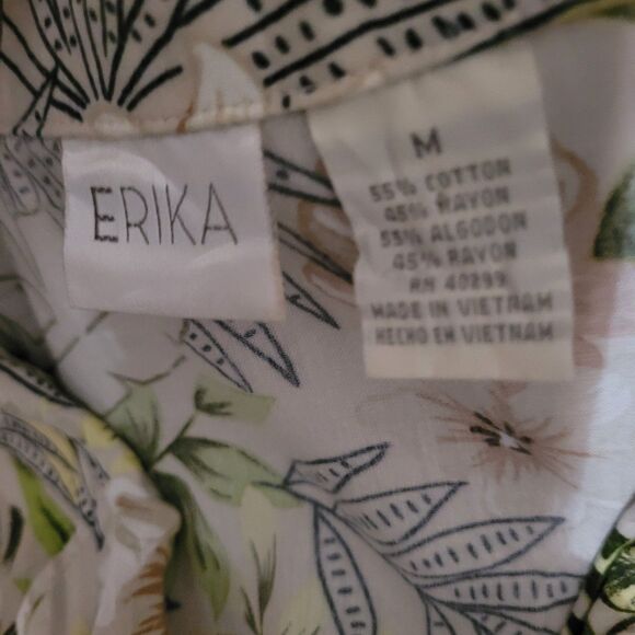 Erika Top Womens Medium Tropical Hawaiian Tan Green Button Up Short Sleeve - Picture 6 of 7